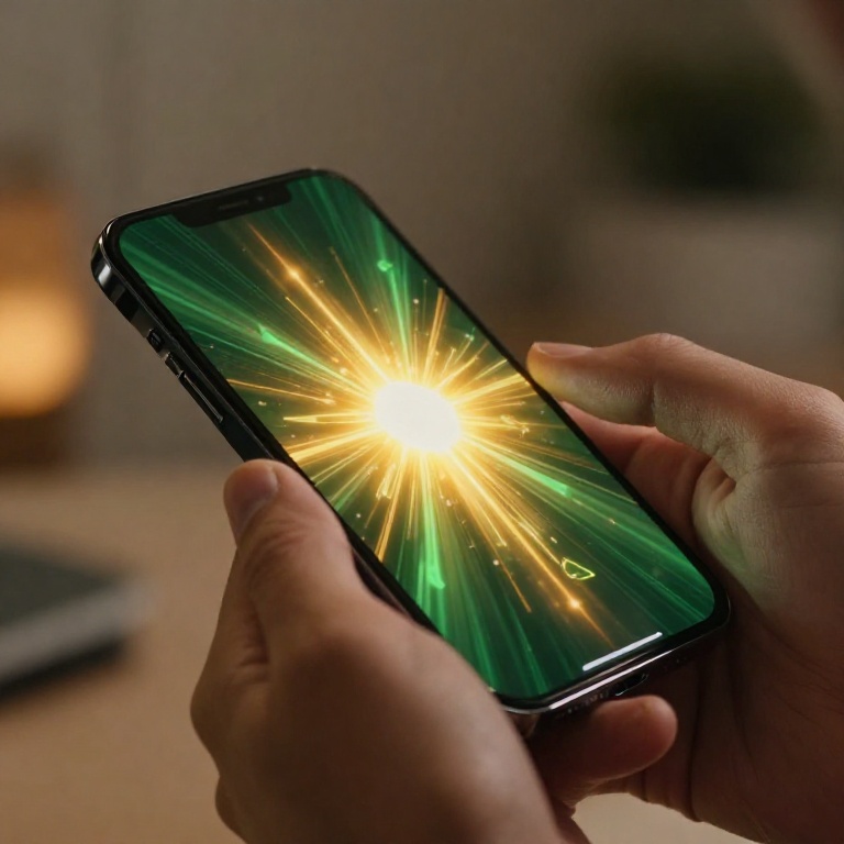 Макросъемка момента активации бонуса на смартфоне — светящийся интерфейс с золотистыми и изумрудными элементами, руки мужчины со смартфоном, премиальный кинематографический свет